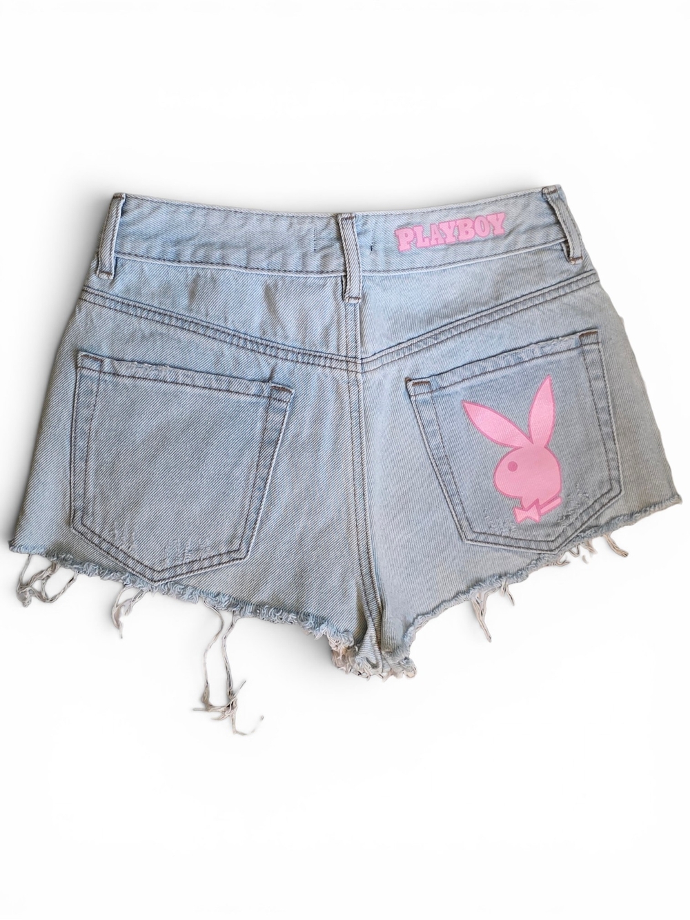 PLAYBOY By Pacsun Light Blue High-Rise Distressed Denim Shorts with Pink Logos